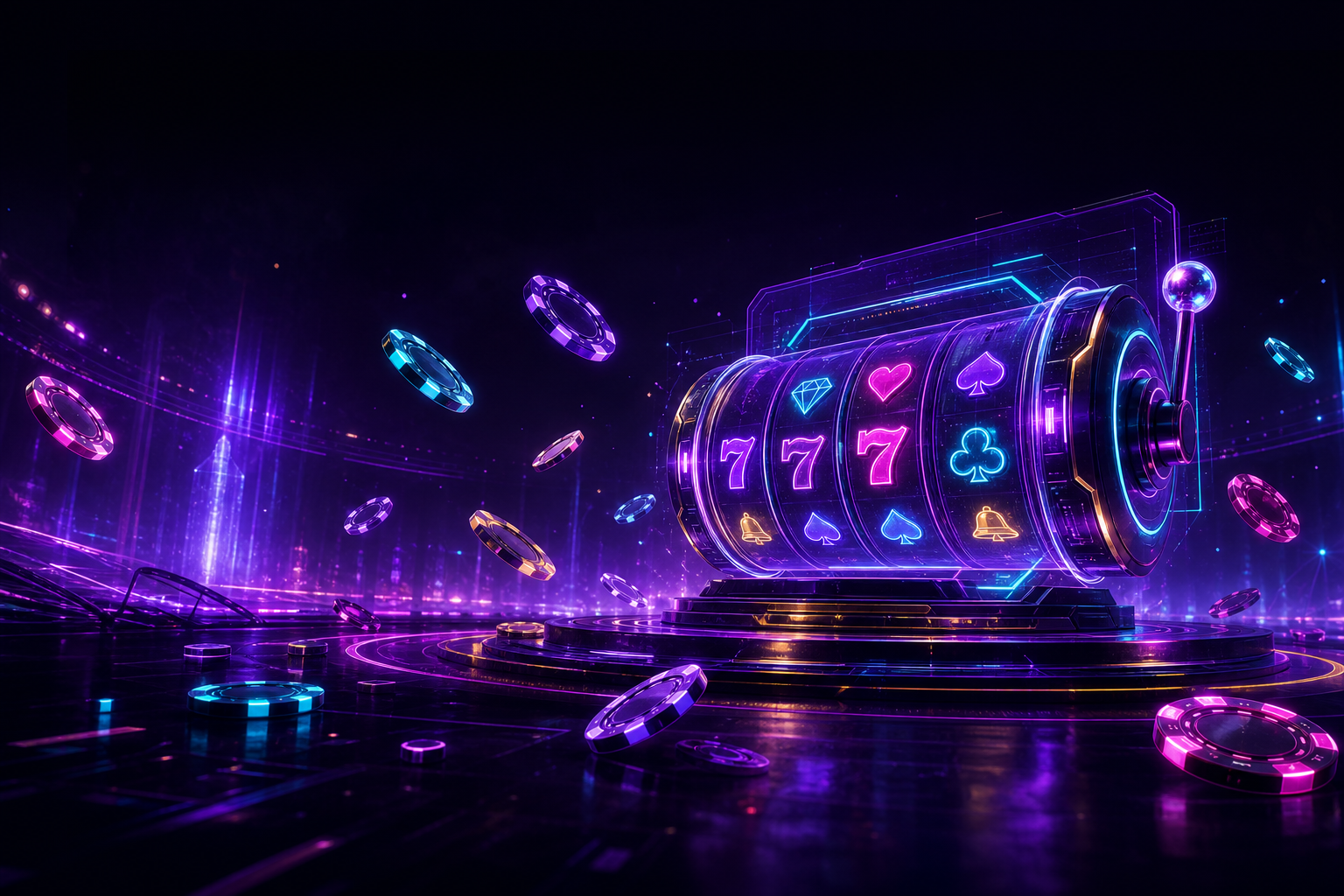 Holographic slot machine glowing on a futuristic casino floor