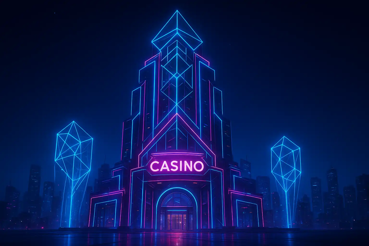 Futuristic AllWins headquarters lit by neon geometric architecture against a night skyline