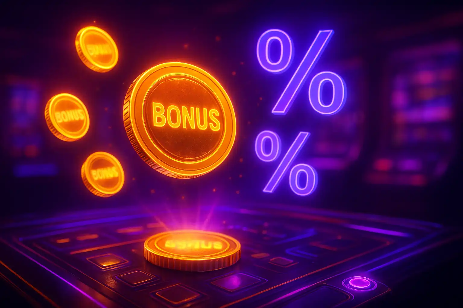 Glowing bonus coins and holographic percentage symbols floating above a futuristic casino console