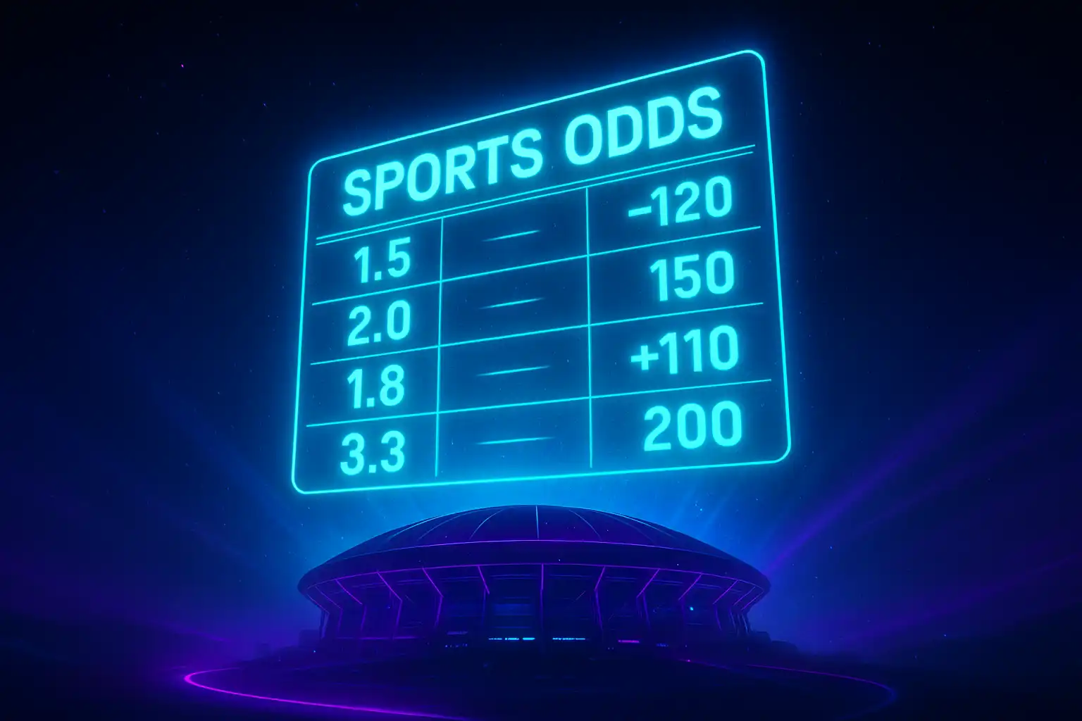 Holographic sports odds board glowing above a futuristic stadium silhouette