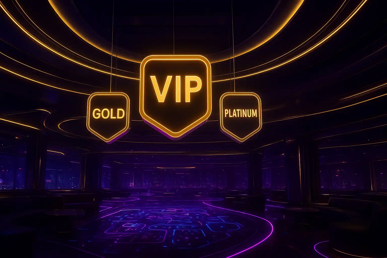 Futuristic VIP lounge with glowing tier badges suspended above a neon casino floor